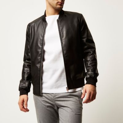 Black leather-look bomber jacket